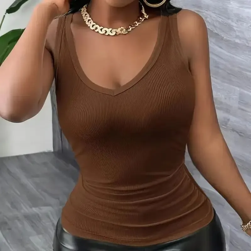 Women's Fashion V-Neck Strap Vest Solid Color Side Pleated Elastic Slim Fit Versatile Vest 2026 Style