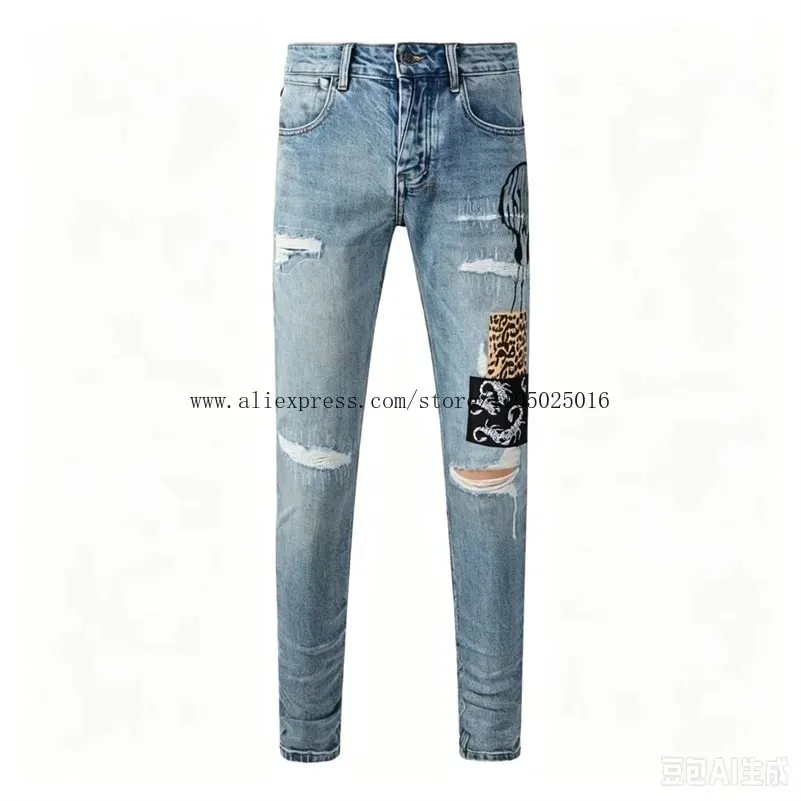 Luxury Streetwear Men's Jeans Americans Style Holes Long Trousers Quality Male Stretch Slim Pants Skinny Trousers