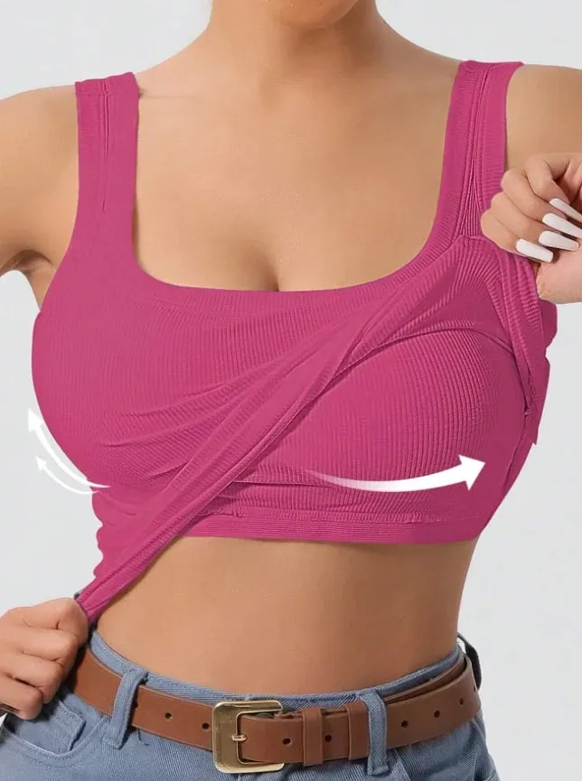 2026 Summer Women's Western-style One-piece Built-in Bra Ribbed Square Neck Slimming Versatile Outerwear Base Layer Tank