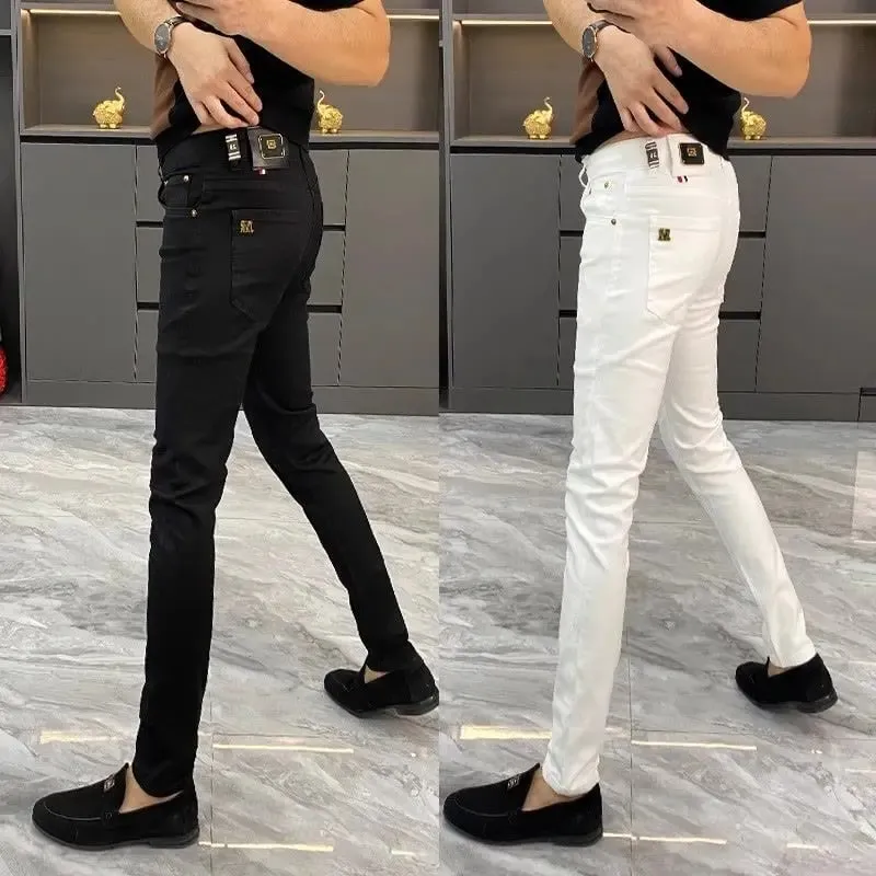 White Jeans Men's European Goods 2025 Summer New Fashion Motorcycle Boots Simple Slim Fit Elastic Versatile Small Feet Trousers