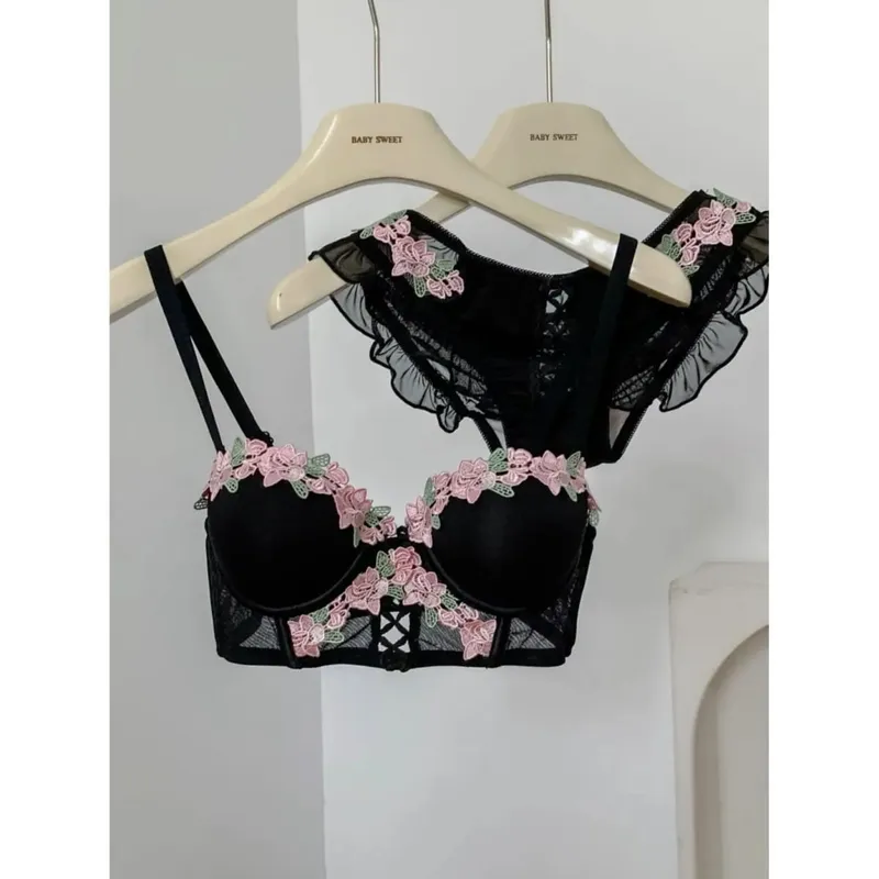 Japanese Sweet Lace Bra Lingerie Set Pure Desire Sexy Wireless Push Up Bust Enhancer Summer Brassiere 32‑38AB Bra Set