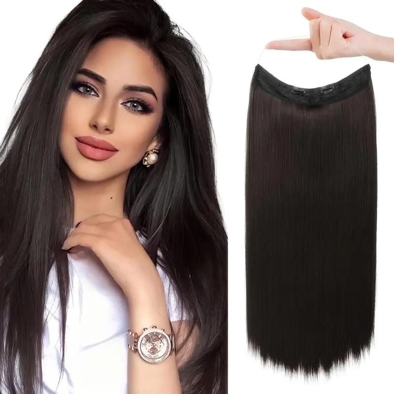 Invisible Halo Hair Extensions Real Human Hair Fish Wire Adjustable Band Secret Clip-in Extension for Women Chocolate Brown