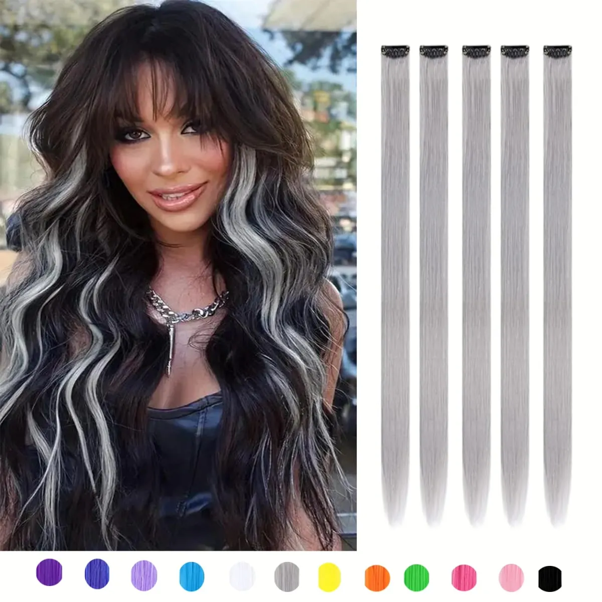 5Packs Colored Hair Extensions 22Inch Straight Color Clip in on Hair Extension Rainbow Party Highlights Synthetic Hair