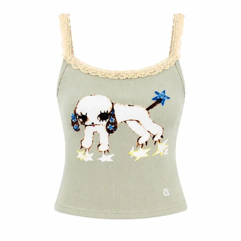 Women Lace Trim Camisole Top Cute Dog Embroidery Tank Top Y2K Slim Fit Crop Vest Vintage Sweet Fashion
