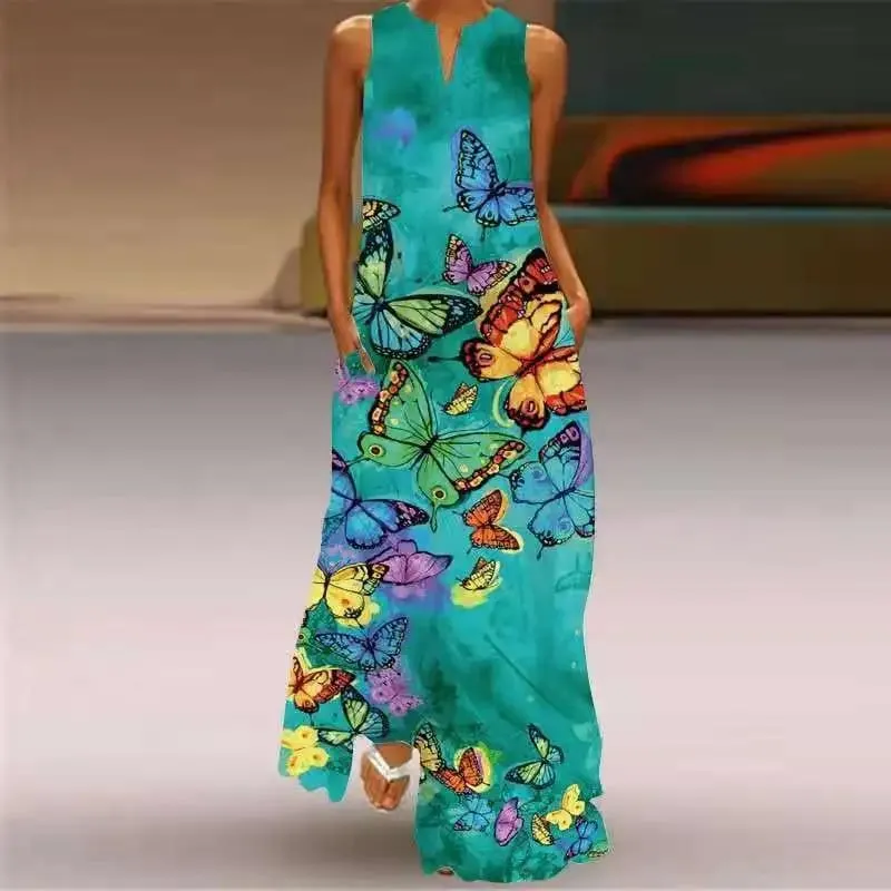 Women Dresses 2026 New summer wear sleeveless long dress V-neck printed emerald flower dress women's clothing vestidoes