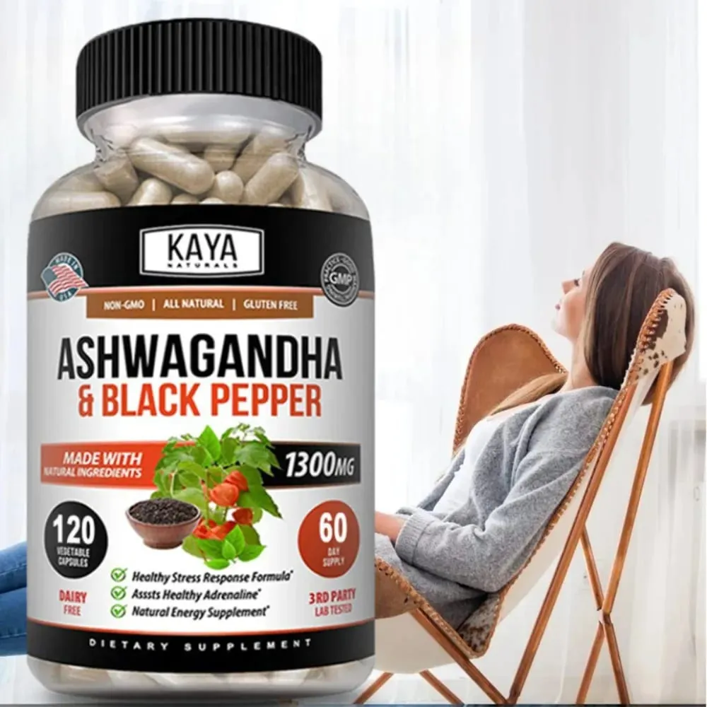 Organic Ashwagandha 1300mg 120 Count Capsules for Stress Relief Anti-Anxiety Mood Support Brain Health