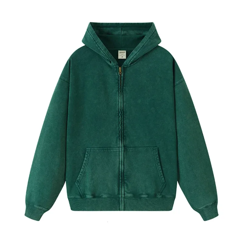 Retro Autumn Batik Washed Zipper Hoodie For Men Unisex Oversized Distressed 420gsm Terry 100% Cotton Hooded Coats HY0936