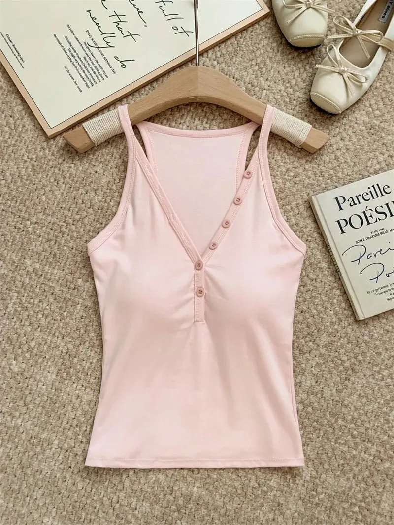 zjaiss Fashion Slim Fit Tank Top 2026 Summer V-neck Button Women Cami With Built-in Bra Pad Casual Basic Inner Top