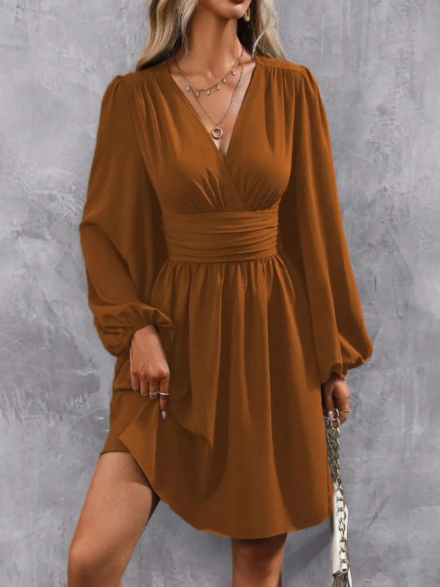 Dresses 2025 Woman Clothing V Neck Lantern Sleeve Wrap Mini Dress Ruched Waist Flowy Hem Elegant for Autumn and Party Styles