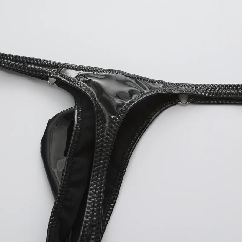 1pc Men Shiny Leather Waist With Metal Ring G-strings Thongs Gay Bulge Pouch Low Waist Stretchy Underwear Butt-Exposing Sexy