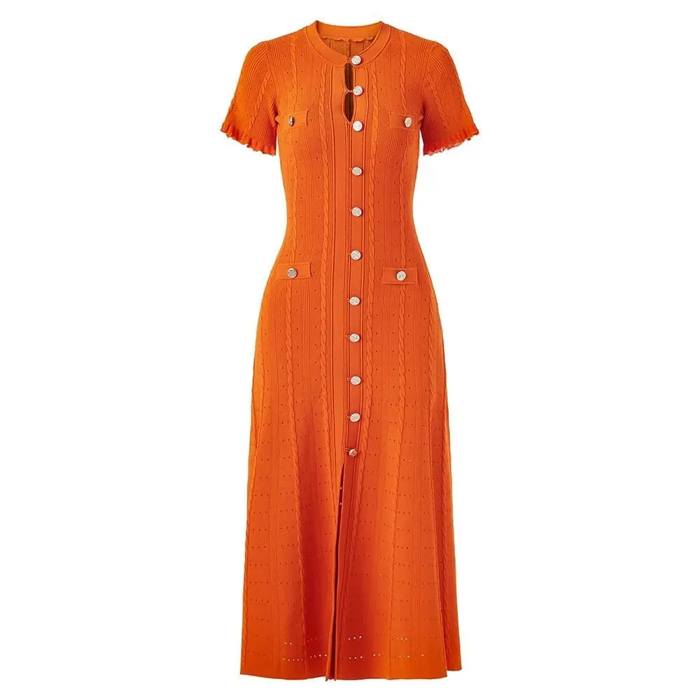 Elegant Knitted Dress round Neck Short Sleeve Hollow out Long Dress Ribbed Single Button Knitted Dress Fashionable Commute Style