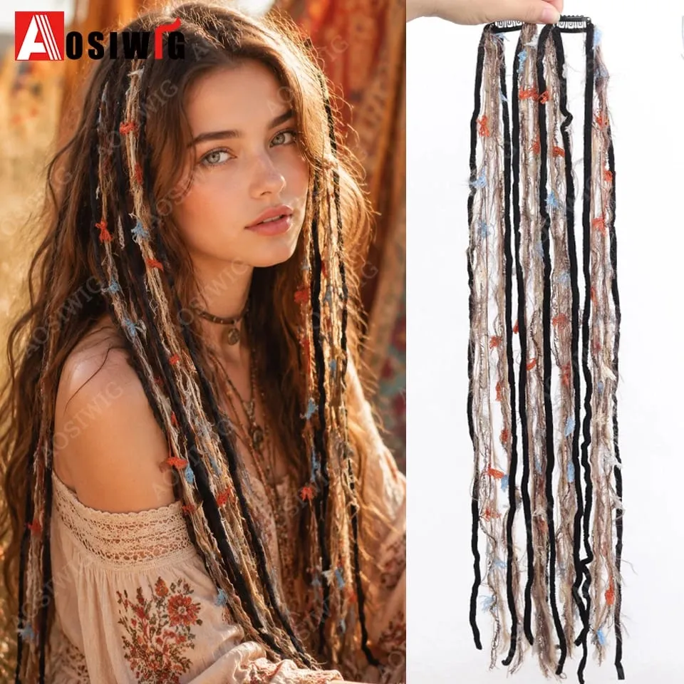 Synthetic Boho Braided Hair Extensions for Women Clip In Festival Hairpiece with Beads Feathers Hippie Hair Accessories