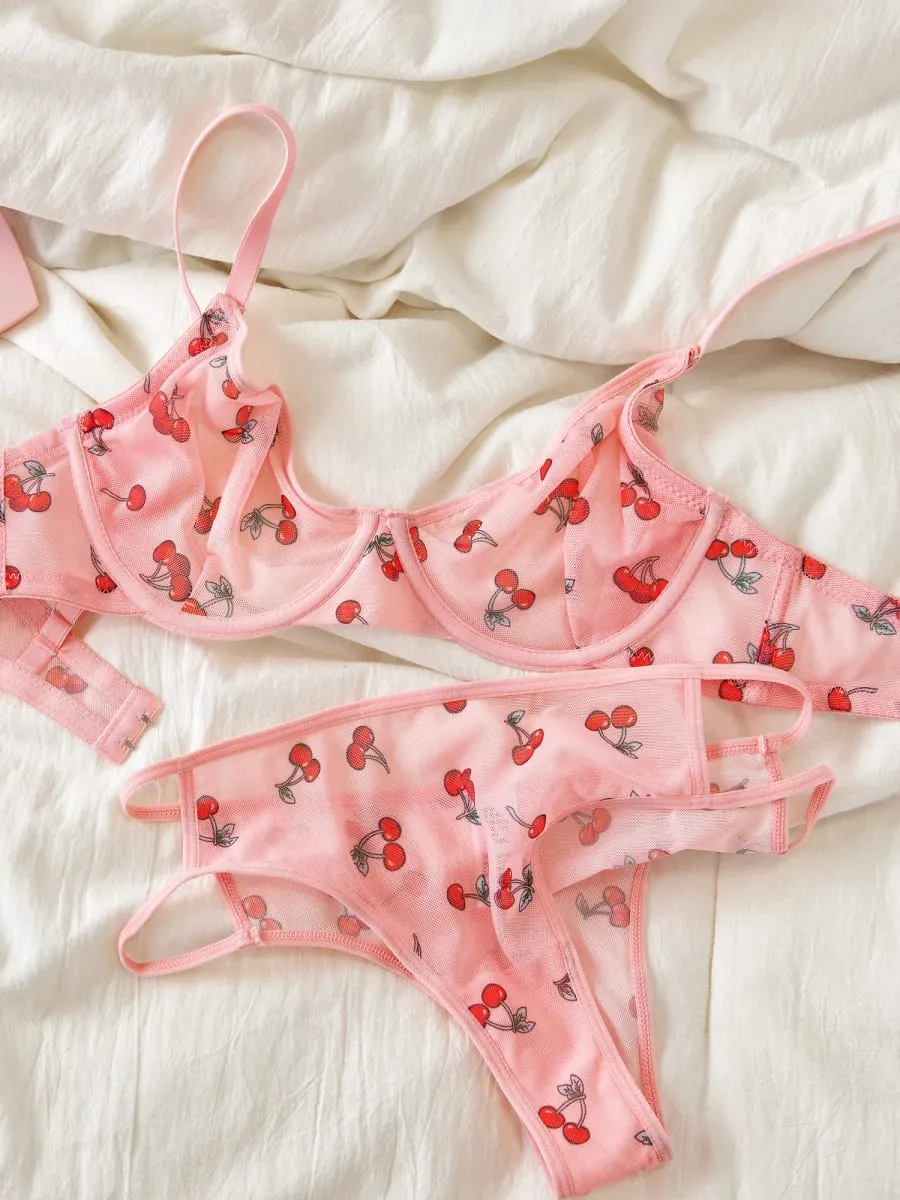 Pink Cherry Lace Bras Set with Mesh Overlay Lingerie Birefs Suit Lightweight Plus Size Underwear Sexy Lace Adjustable Bra Sets