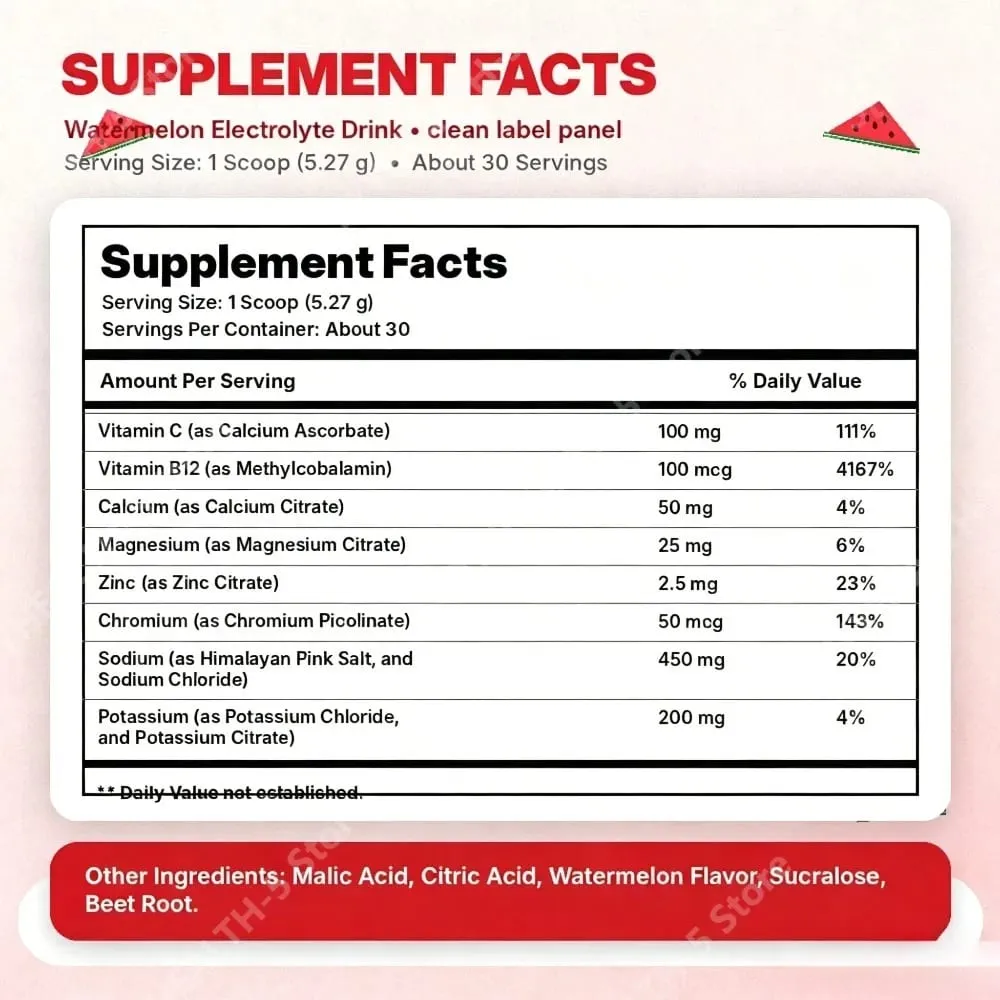 Watermelon Electrolyte Drink Powder with Sodium Potassium Magnesium Calcium Vitamin C B12 30 Servings Daily Hydration Support