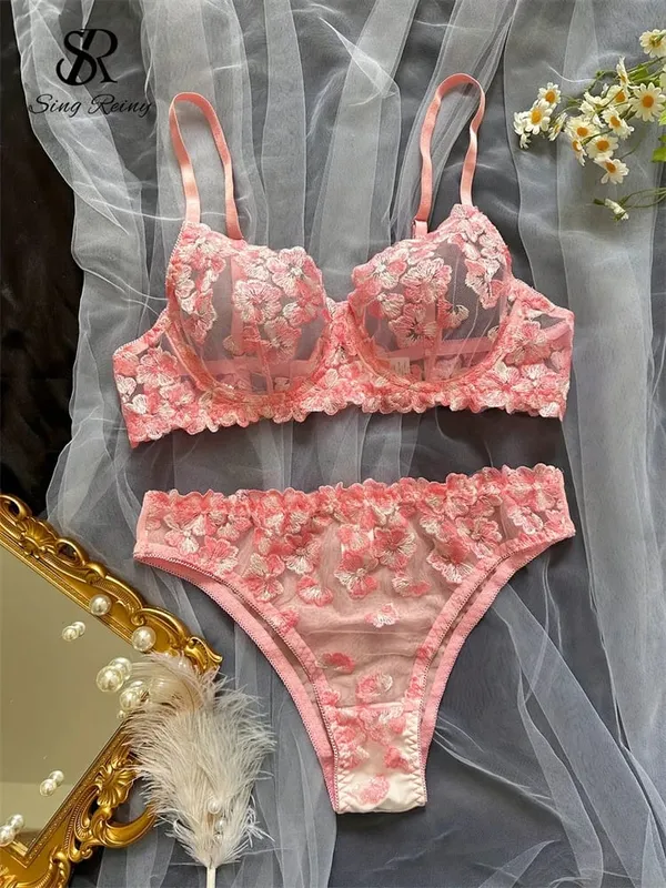 Διχτυωτό Sheer Εσώρουχα Δύο Κοστούμια Γαλλικά Floral Seusual Σετ Εσωρούχων Γυναικεία Κέντημα Σέξι Σετ σουτιέν και σλιπ