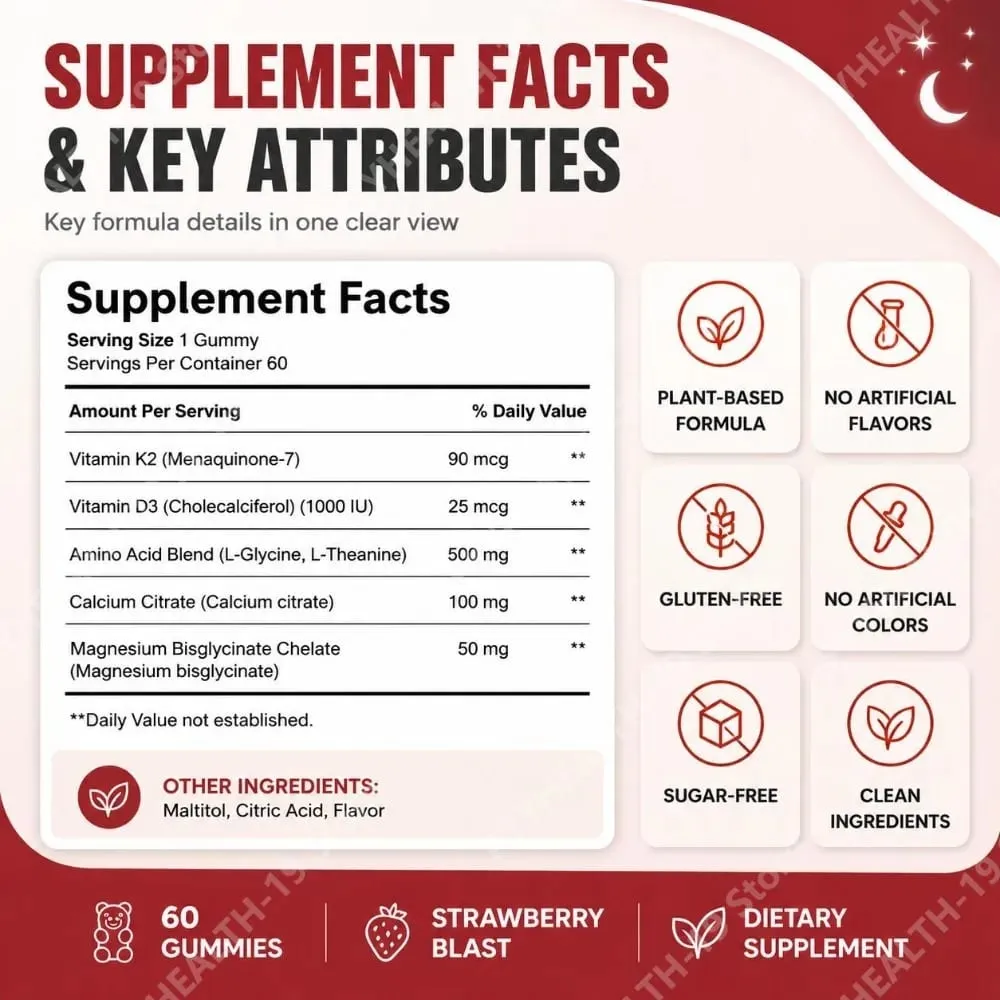 Nutrition Gummies with Vitamin K2 D3 Calcium & Magnesium for Bone Health & Relaxation Sleep Wellness Support Adults 60 Gummies
