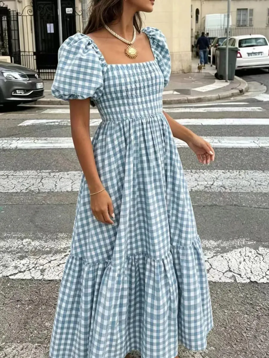 Women's Gingham Maxi Dress Square Neck Puff Sleeve Tiered Ruffle Hem Smocked Waist Casual Long Dress