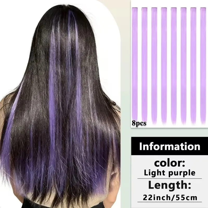22Inch Synthetic 8pcs Long Straight Clip-In Hair Extension Highlights Multi-Color Rainbow Hairpiece for Women Daily Praty Use