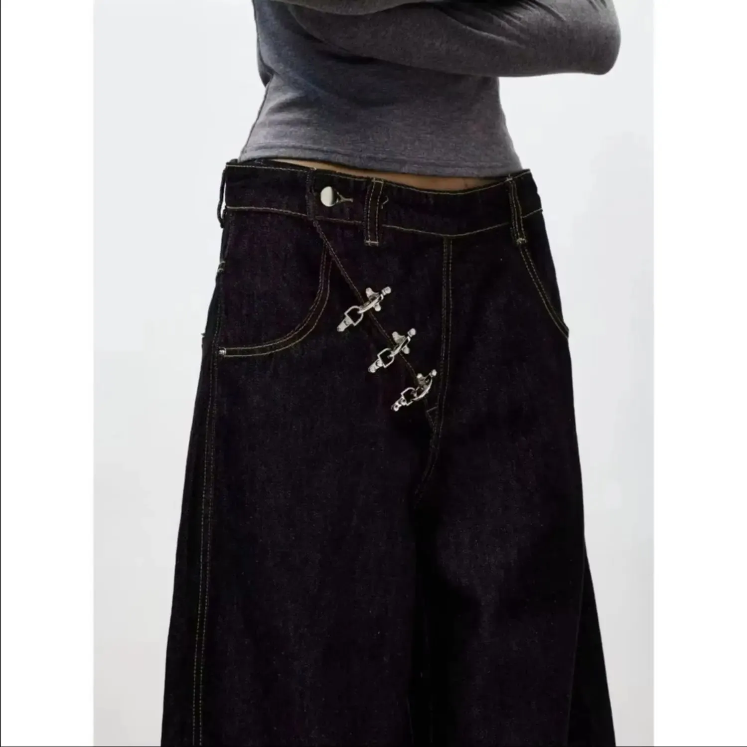 Retro Y2K button-fly loose jeans unisex trendy casual wide-leg jeans high-street loose pants American street style fashion — image 2