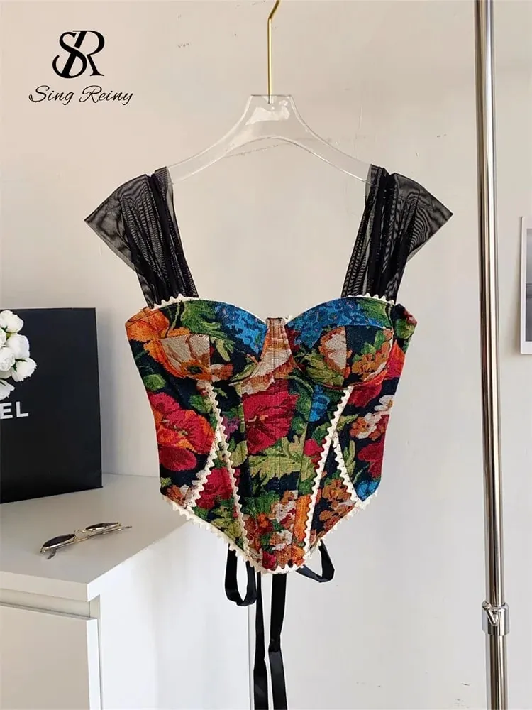 American Retro Print Evening Camisole Female Strap Lace Spliced Slim Top 2025 Streetwear Floral Vintage Beach Tank Top