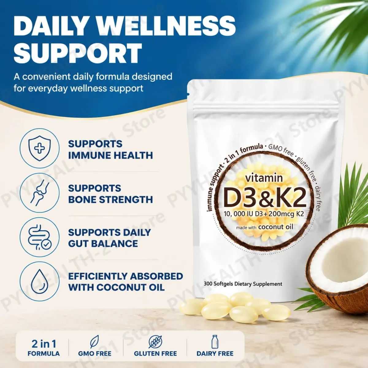 Vitamin D3 10000 IU K2 MK-7 200 mcg Softgels with Coconut Oil 2 in 1 Supports Strong Bones Immune Function Heart Health 300 Ct