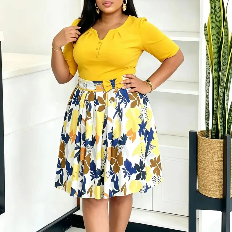 2026 AUTUMN NEW WOMEN SHORT SLEEVE PRINTED COLOR‑BLOCK SPLICING BIG SWING DRESS
