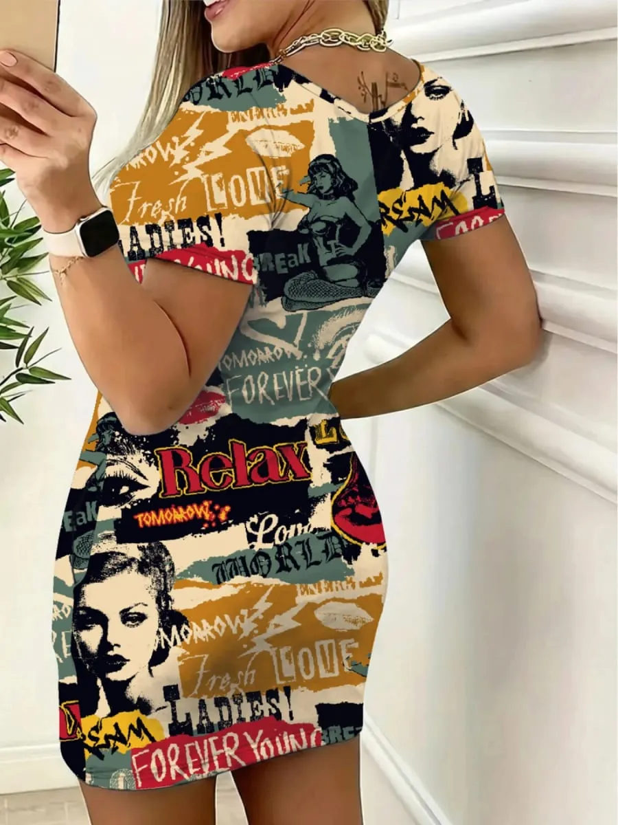 Women's Casual round Neck Short Sleeve Dress Mini Elegant Comfortable Skirt with Letter Figure Pattern Print
