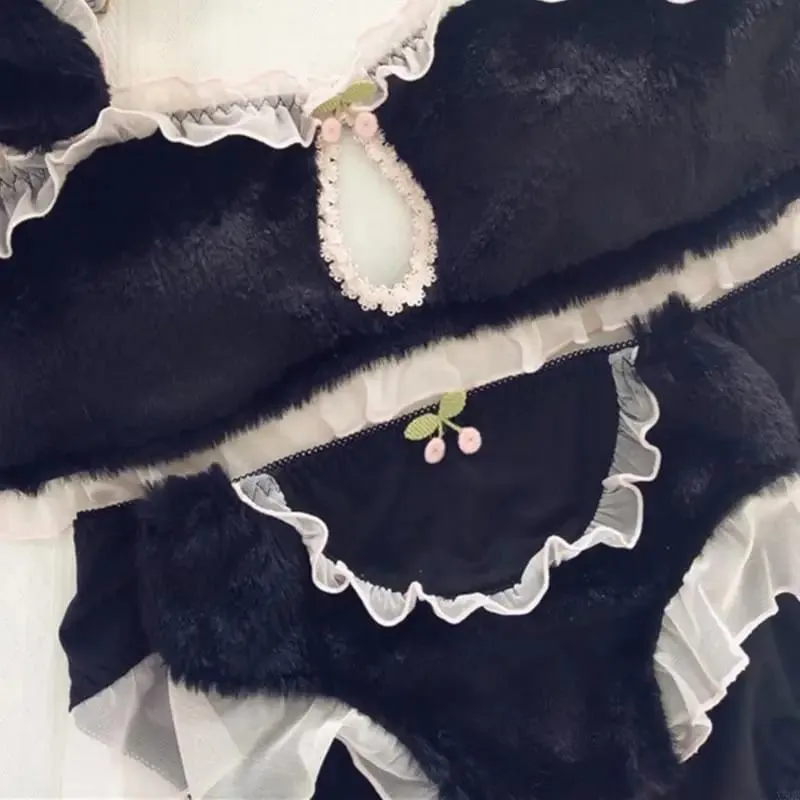 Women Cartoon Rabbit Ears Lingerie Furry Plush Cutout Bra and Panty Underwear Set