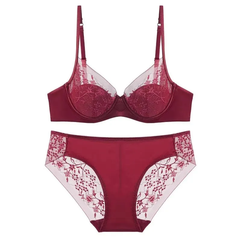 Bridal Festive Red Lace Intimates Kit Soft Underwire Thin Cup Push‑Up Support Lingerie Set For Small Bust 32‑38 Women Underwear