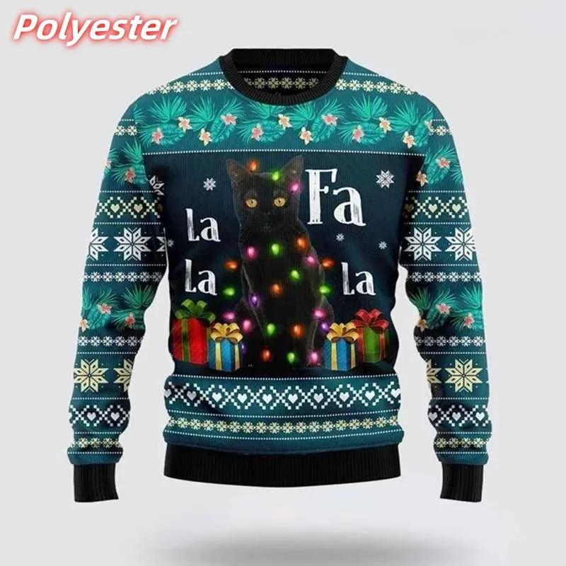 3D Printed Cat Snowflake Hoodie For Men Christmas Gift Pattern Sweatshirt Casual Long Sleeves Pullovers Round Neck Hoodies