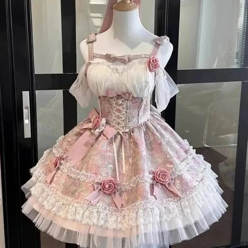 2026 Sweet Lolita Y2k Mini Dresses Women Lace Patchwork Short Sleeve Elegant Bandage French Vintage Short Party Dress Female