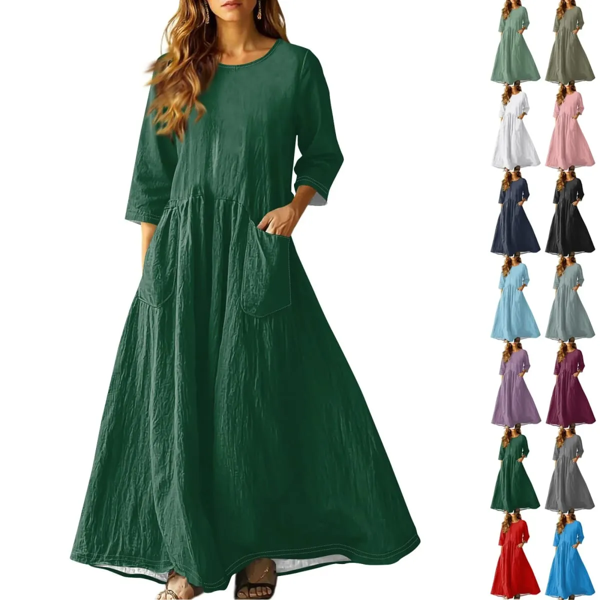 Women's Summer Loose Long Dresses Solid Color Three-quarter Sleeve Double Pocket Dress Loose Round Neck Linen Dress Vestidos
