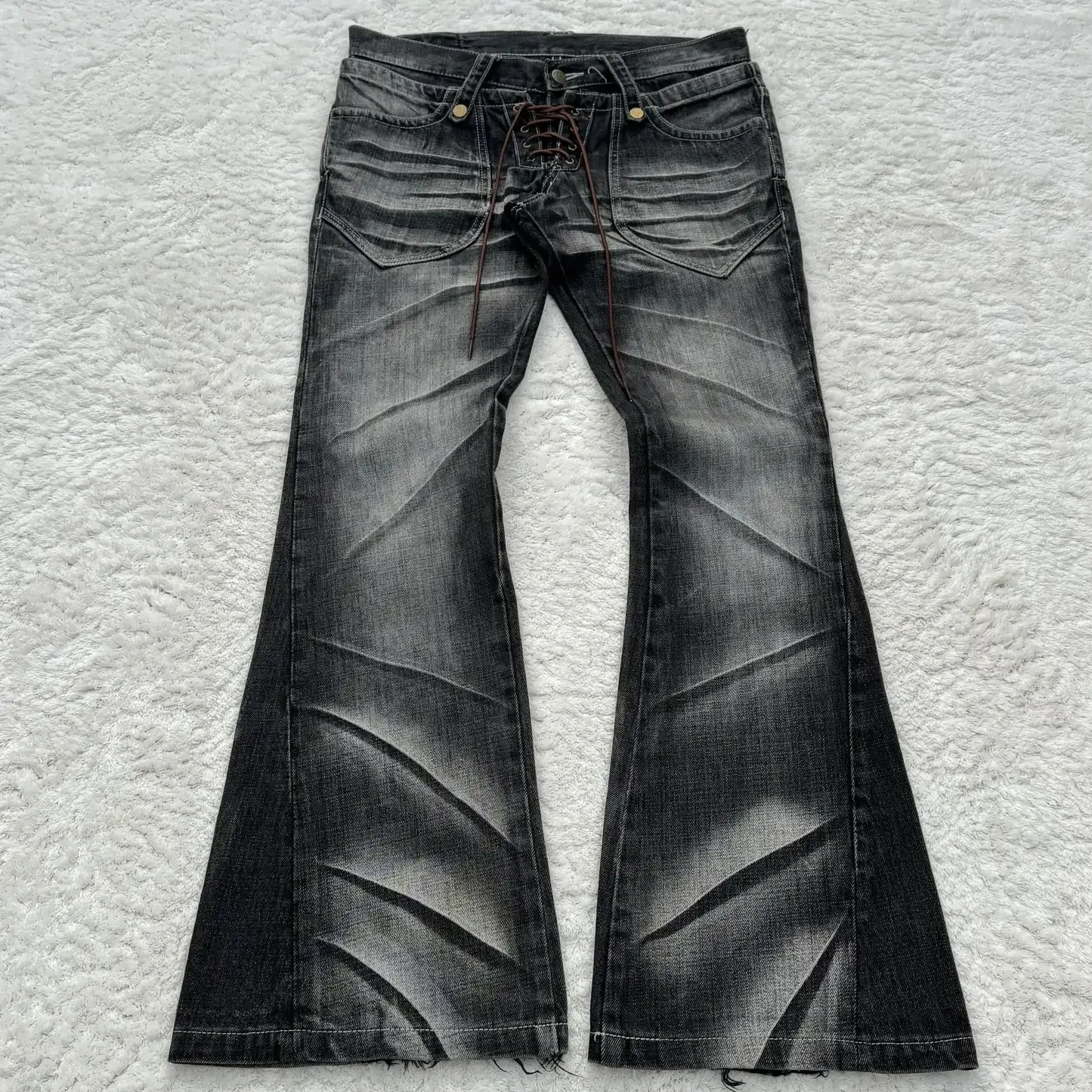 Y2K Distressed Flare Jeans Gothic Men Double Waist Lace Up Denim Pants Retro Washed Scratches Streetwear Unisex Bootcut Jeans