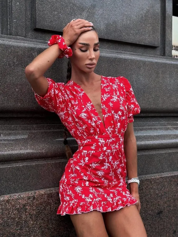 Women Rose Floral Print Mini Dress Fashion V-neck Puff Sleeve Waistband Ruffle Hem Casual Dresses 2026 Summer Lady Holiday Gowns