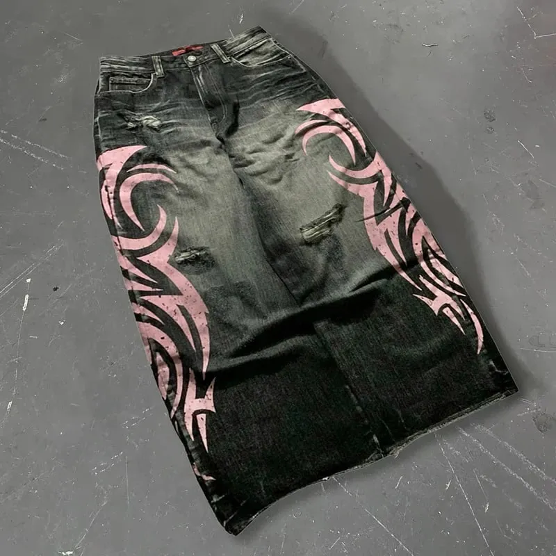 Y2K American Vintage Mottled Totem Print Baggy Jeans Women's High Waist Wide Leg Jeans Men Clothing Harajuku Trendy Hip Hop Pant