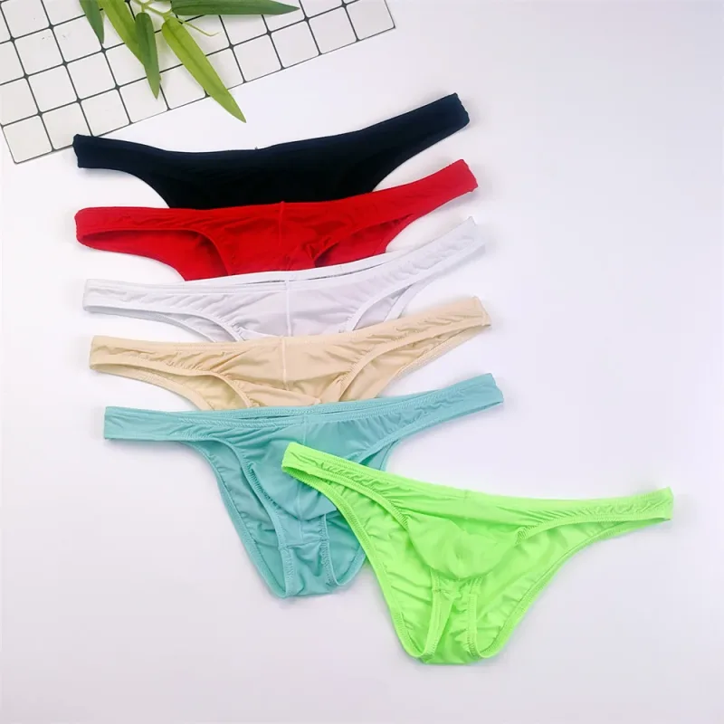 4PCS Men High Fork Briefs Mid Waist Elastic Ice Silk Brief Summer Underpants Ice Silk U Convex Pouch Male Underwear Silky Shorts