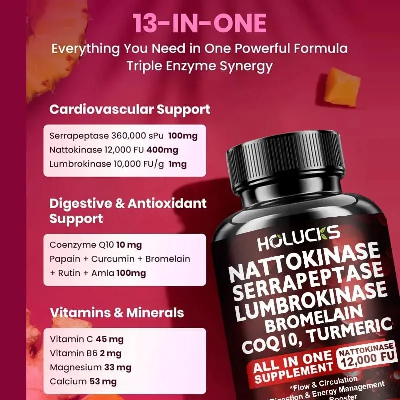 Premium Nattokinase Supplement with Bromelain CoQ10 Turmeric Support Blood Flow Joint Heart Health Antioxidant & Vitality