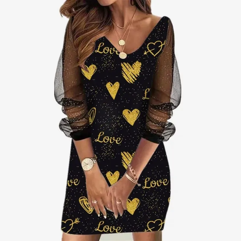2024 New Spring-style Round Neck Sequins Perspective Gauze Lady Dress