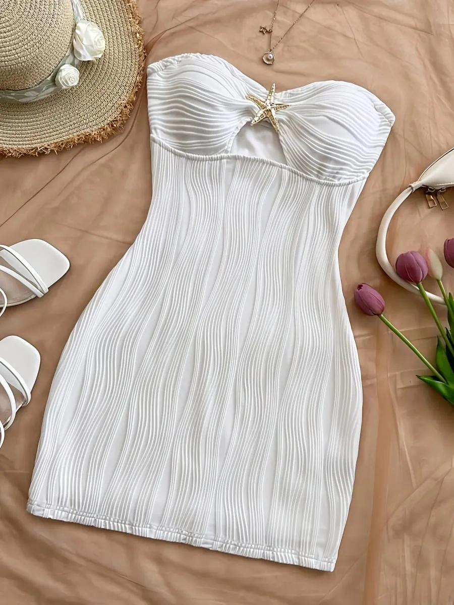 Pambabaeng Summer Sexy Party Date Beach Dress Texture Hollow out Mini Skirt na may Metal Starfish Dekorasyon Nilagyan At Kaakit-akit Wh
