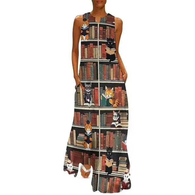 Halloween könyvtár macska ruha nyári utcai divat alkalmi ujjatlan v-nyakú hosszú ruhák női grafikus modern maxi ruha 3XL köntös