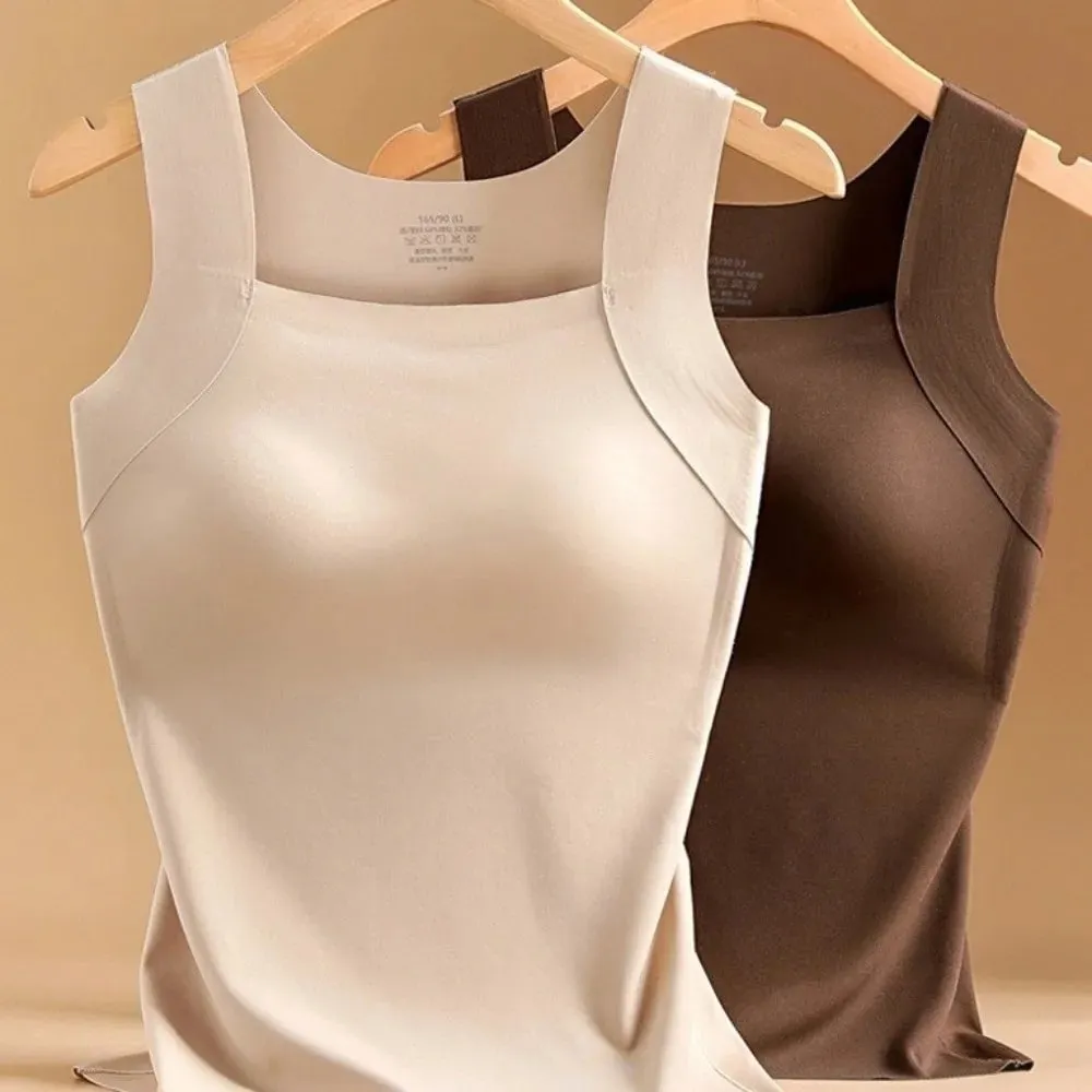 Built-in Bra Seamless Camisole Fixed Cup Solid Color Thermal Vest Stretchy U Neck Bottoming Underwear Multi-layer Wear