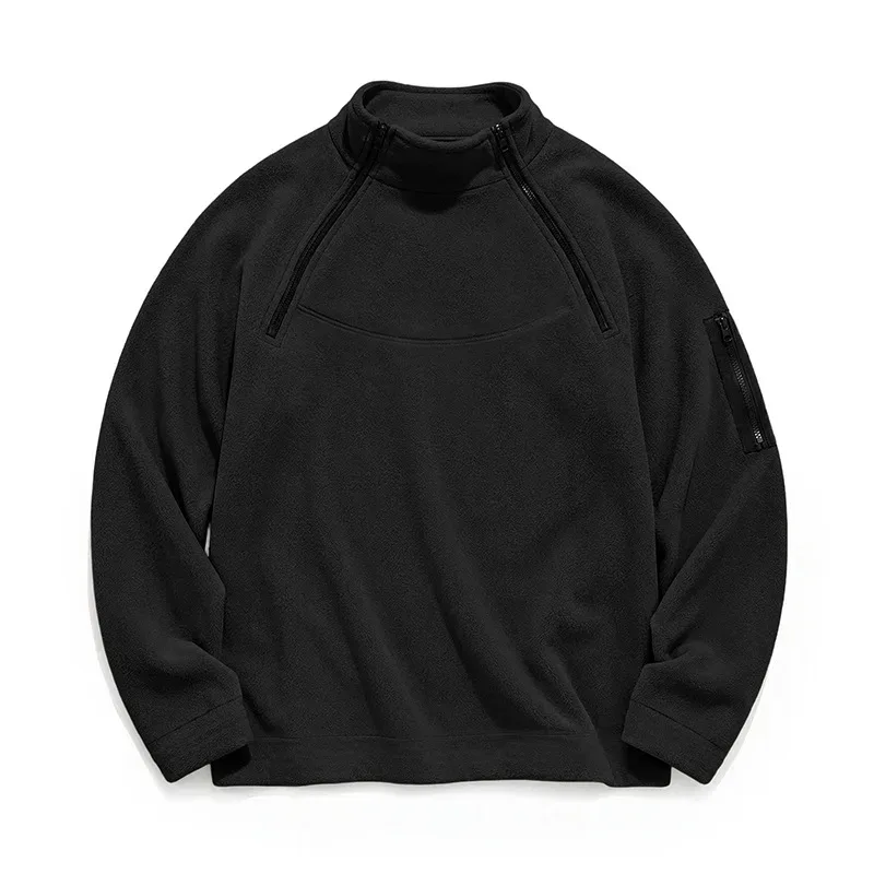 Men Fleece Stand Collar Sweatshirt Diagonal Zipper Arm Pocket Long Sleeve Loose Casual Pullover Autumn Winter Outdoor Tops