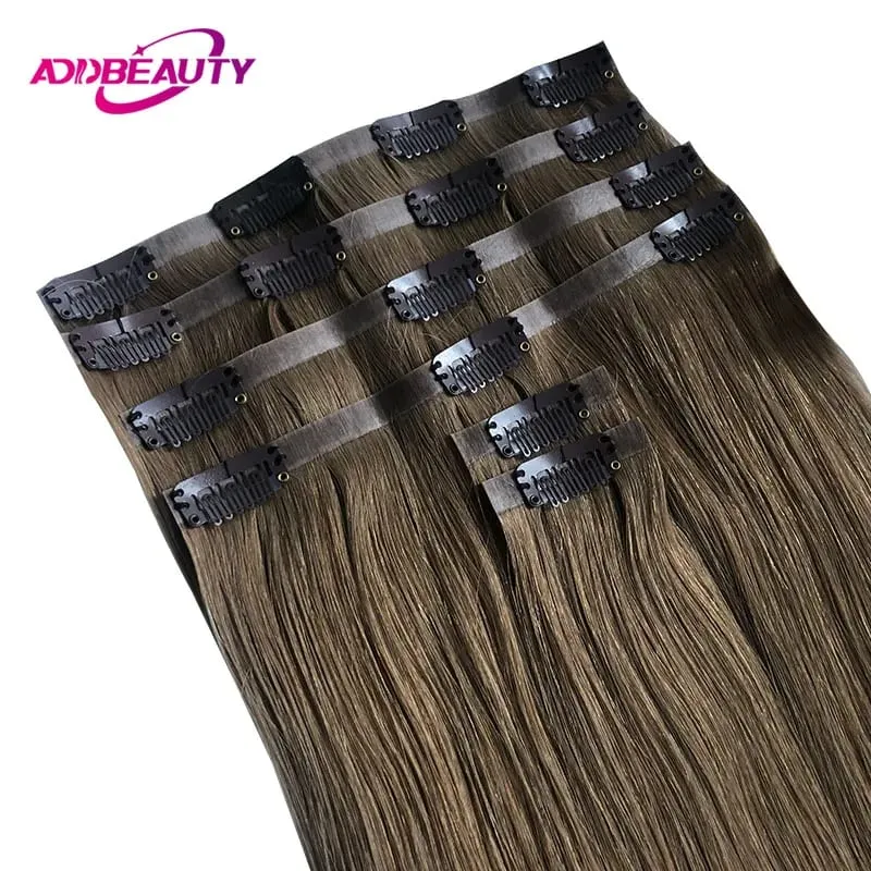 Clip-in and Tape-in Hair Extensions Straight Clips in Human Hair Extension 6pcs Clip in PU Virgin Hair Extensions Human Hair 613