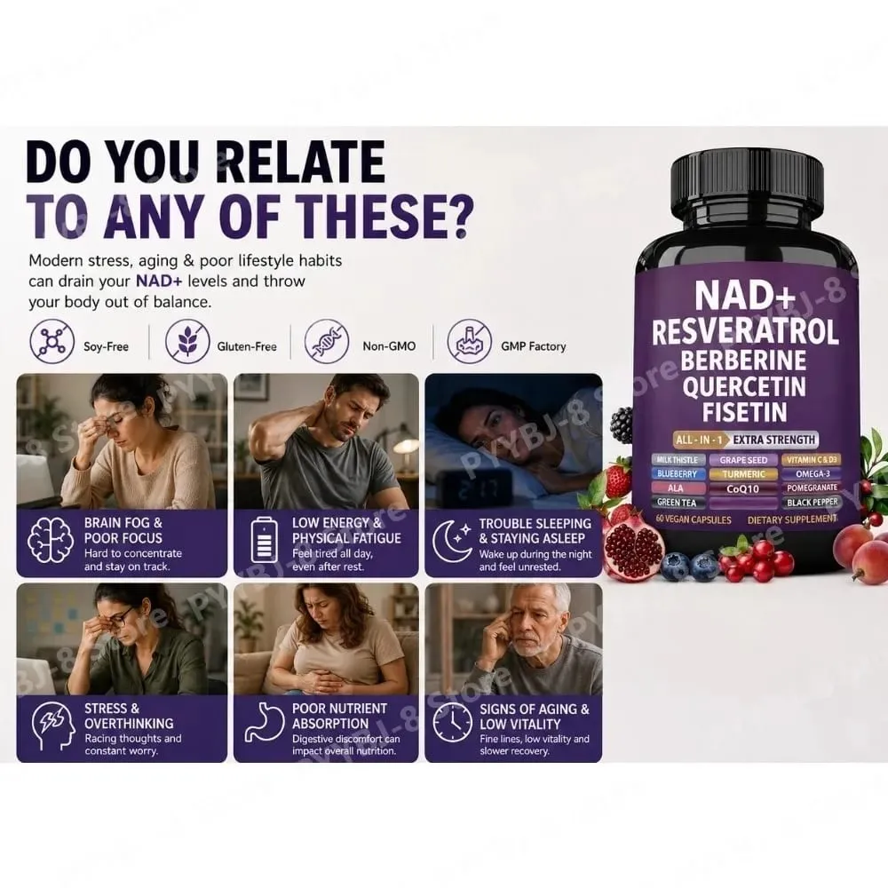 NAD+ Integratore di Resveratrolo con Berberina Quercetina Fisetina CoQ10 Vitamina C D3 60 Capsule Vegane per il Supporto Nutrizionale Quotidiano