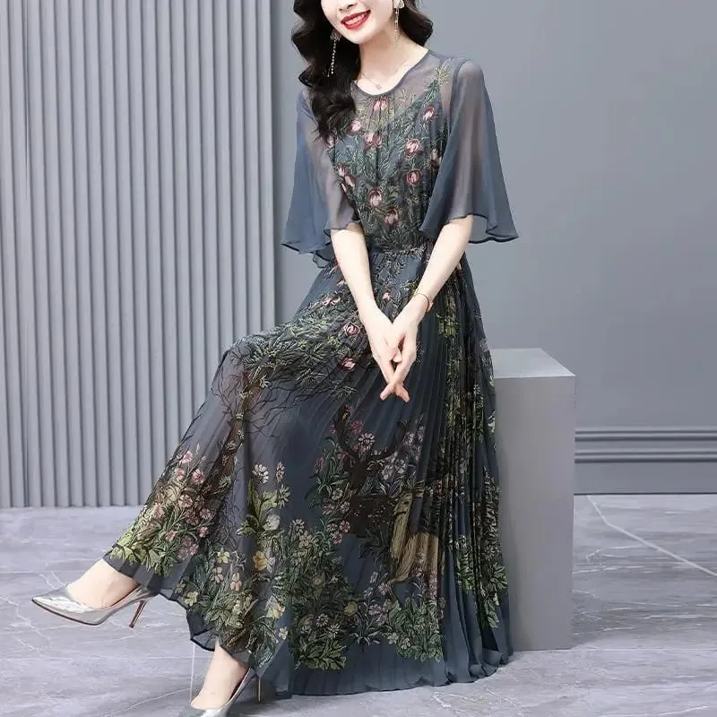 2026 Women Boho Floral Chiffon V-Neck Midi Dress Summer Fashion Light Casual Beach Sundress Korean Elegant Bodycon Party Dresses