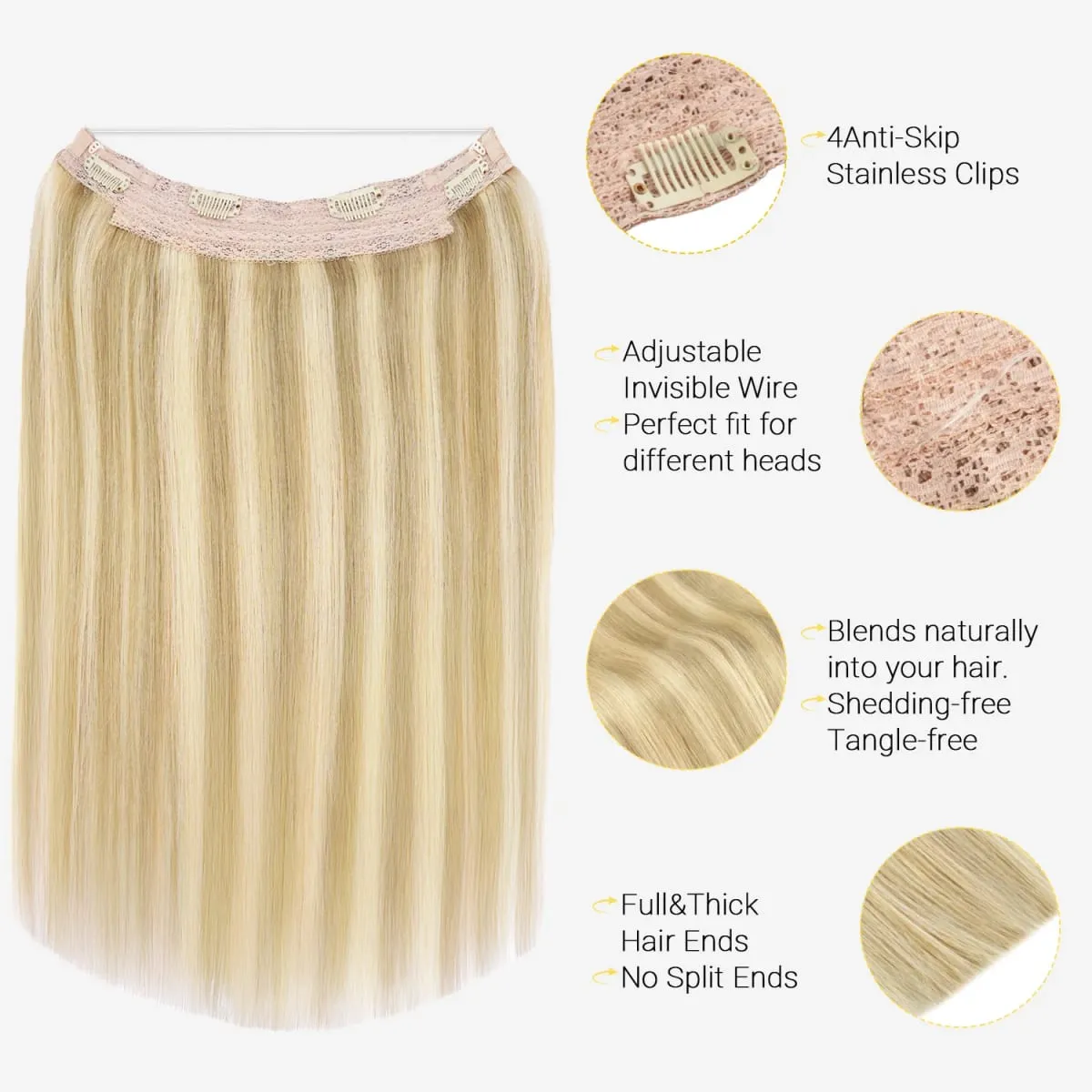 Sunmofavo Invisible Wire Halo Hair Extensions 100% Remy Human Hair Fish Line with 4 Anti-slip Secure Clips Golden Blonde Highlights Seamless Hairpiece for Women Daily Party Occasion Wear Instant Volume