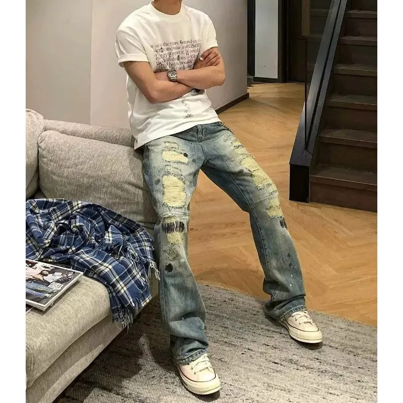 Men's Jeans High Street Vintage Distressed Ripped Faded Man Pants Blue Straight Denim Trousers Embroidery Design Bootcut