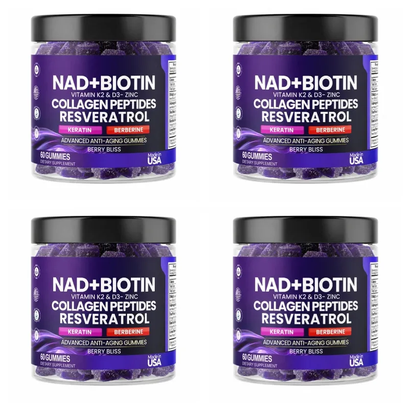 Biotin Collagen Gummies with NAD+ Resveratrol Vitamin D3 K2 Zinc Daily Beauty Wellness Supplement 60 Count Berry Flavor