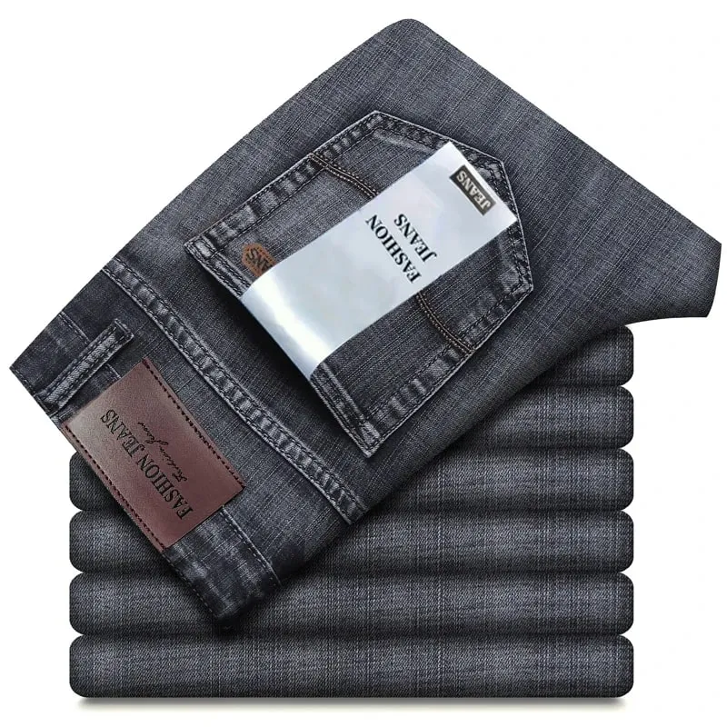 Autumn Winter Men's Jeans Classic Retro Grey Denim Pants Man Work Slim Straight Stretch Cotton Trousers Streetwear Plus Size 40