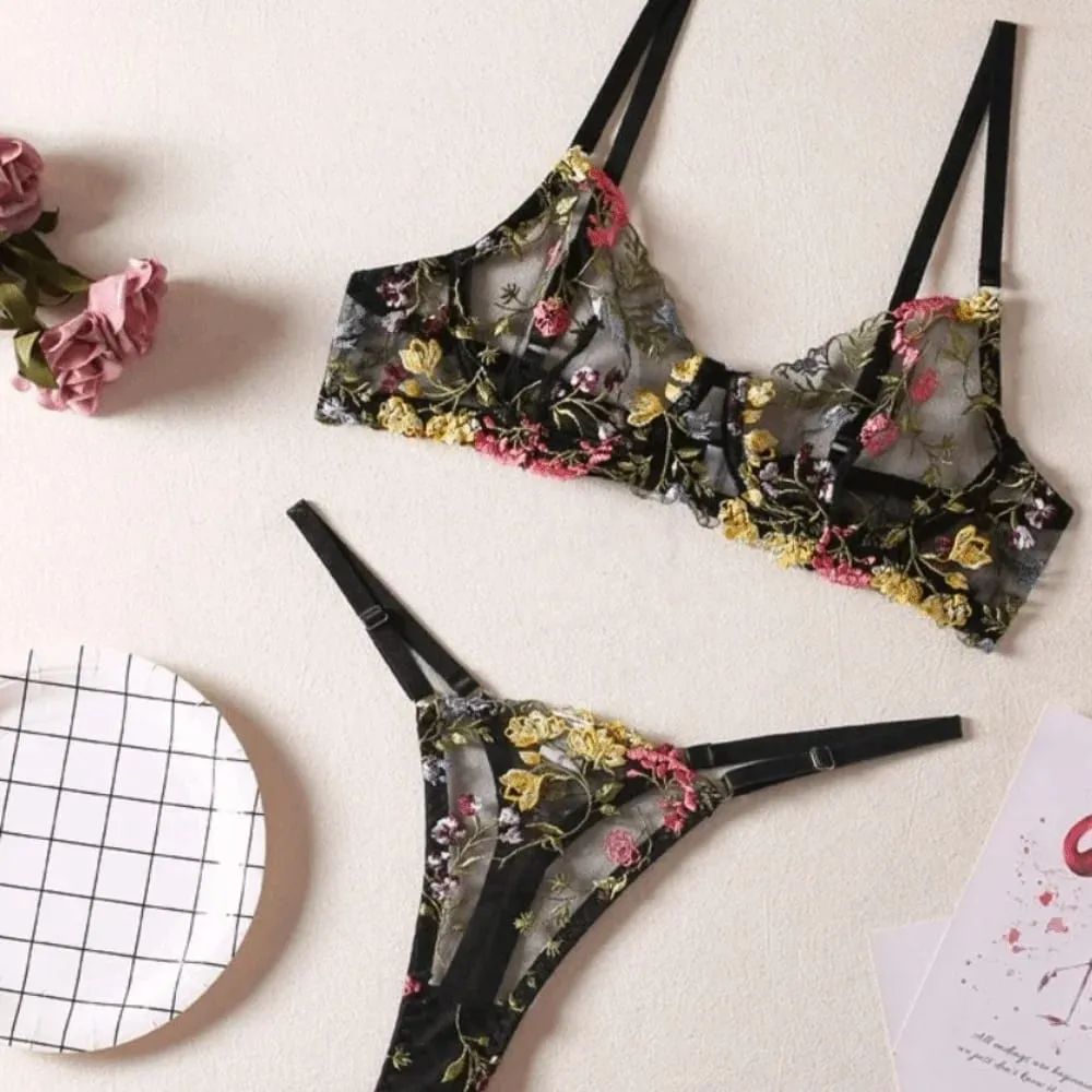 2-Piece Versatile Floral Lingerie Set Embroidery Sheer Women Underwear Wireless Bra